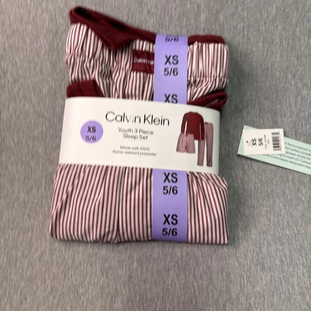Calvin Klein Youtth XS 5/6 3 Piece Striped Sleep Set Blue Red Polyester